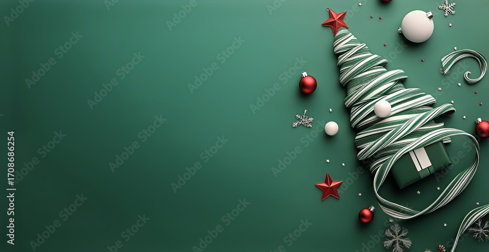 Fototapeta premium Creative Christmas Tree Made From Ribbon With Decorations on Green Background.
