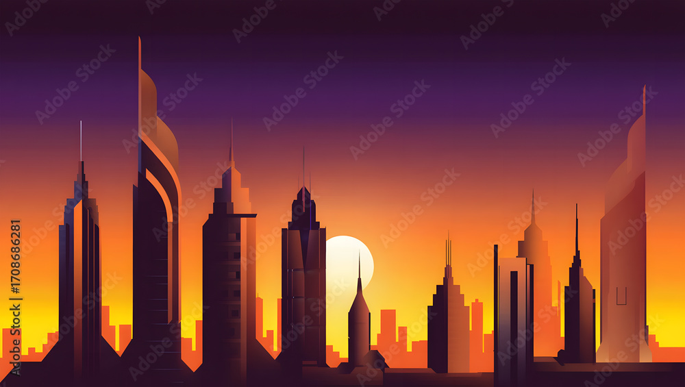 Fototapeta premium Flat Minimal Vector Illustration of Futuristic Dubai Skyline with Geometric Towers and Desert Sunset