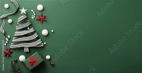 Creative Christmas Tree Made From Ribbon With Decorations on Green Background