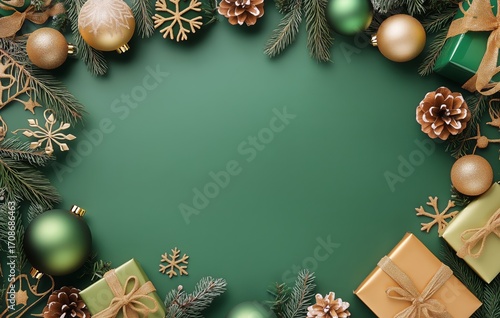 Festive Green Background With Ornaments and Gifts for Holiday Celebration