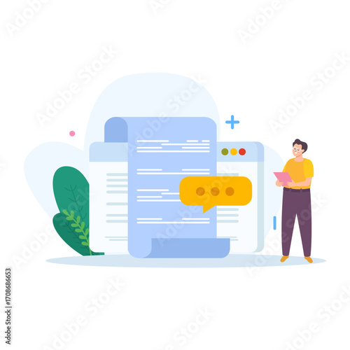 Man with Document and Chat Bubble in Front of Browser Illustration