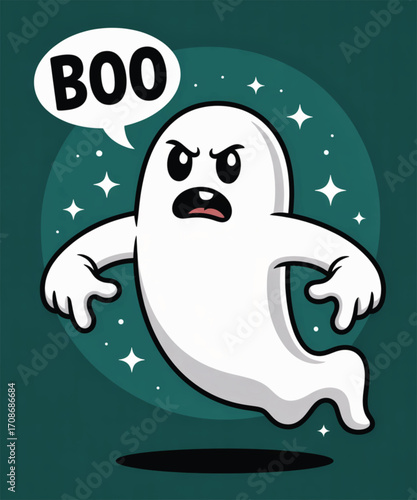 Scary cartoon ghost saying boo with stars and dark background