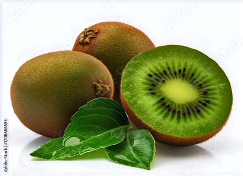 Fresh Kiwi Fruit Cut in Half With Green Flesh and Seeds Displayed on a White ...