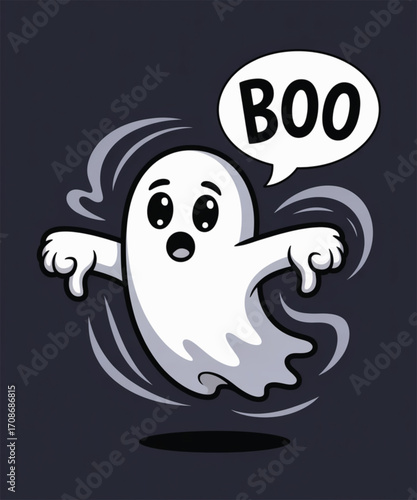 Cute cartoon ghost saying boo with a spooky vibe