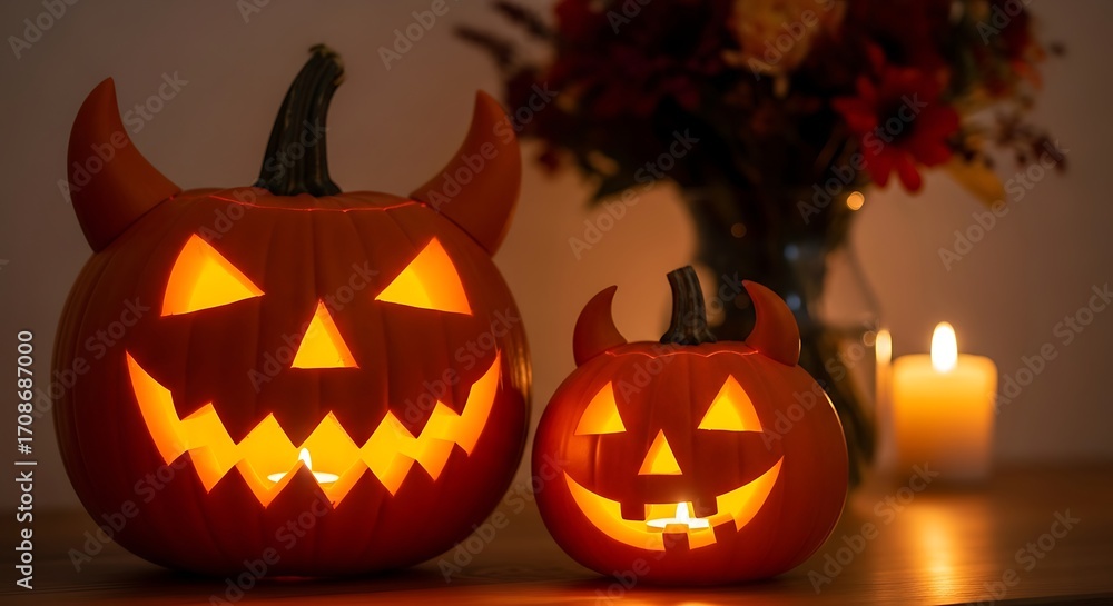 Fototapeta premium Two carved glowing pumpkins with devil horns at night