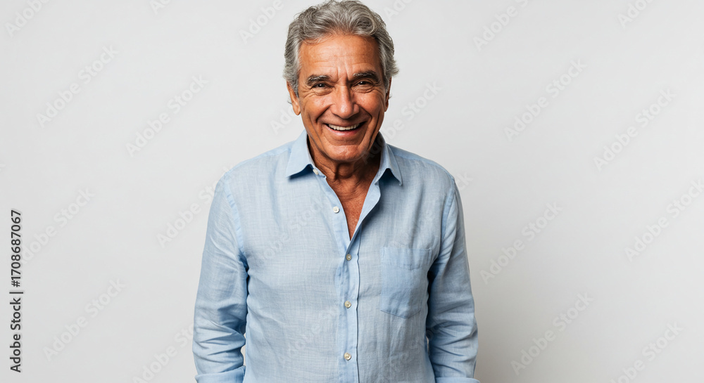 Fototapeta premium Contented senior man with a warm smile and confident demeanor, radiating a friendly and approachable presence, captured in a bright studio portrait