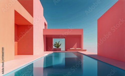 Modern Architectural Design Featuring a Poolside View and Coastal Backdrop.