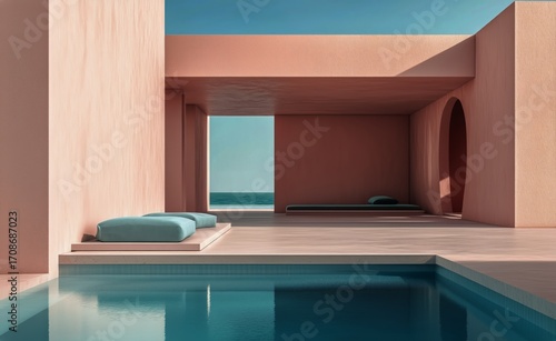 Modern Architectural Design Featuring a Poolside View and Coastal Backdrop