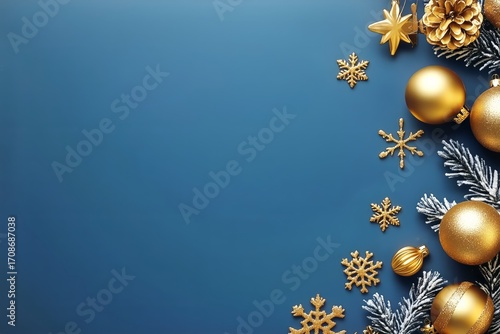 Festive Decorations With Gold Ornaments and Snowflakes on a Blue Background f...