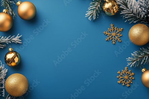 Festive Decorations With Gold Ornaments and Snowflakes on a Blue Background f...