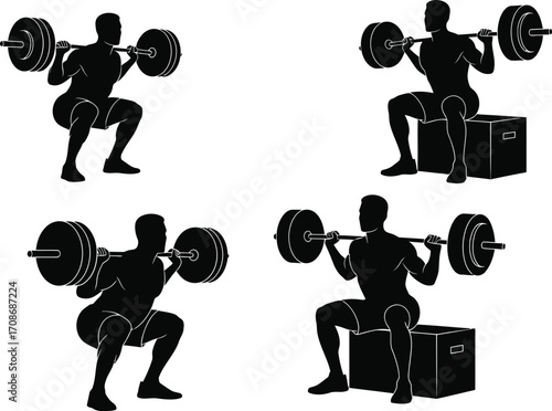 Barbell squat exercise variations fitness training editable vector
