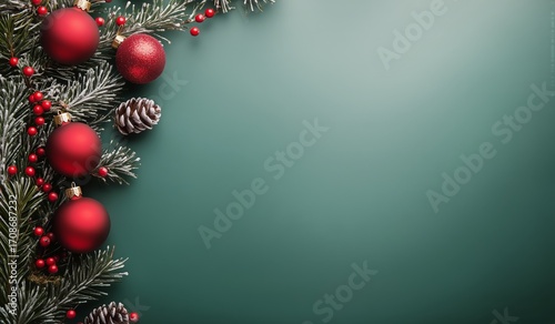 Festive Christmas Decorations With Red Ornaments and Pine Branches on Green B...