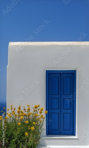 Bright Blue Door Against White Wall With Flowers in Front on a Clear Sunny Day