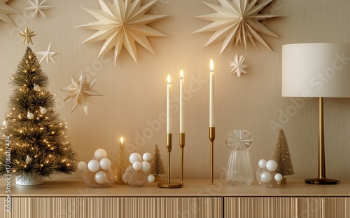 Warm and Cozy Holiday Decorations With a Small Tree and Elegant Candlelight i...