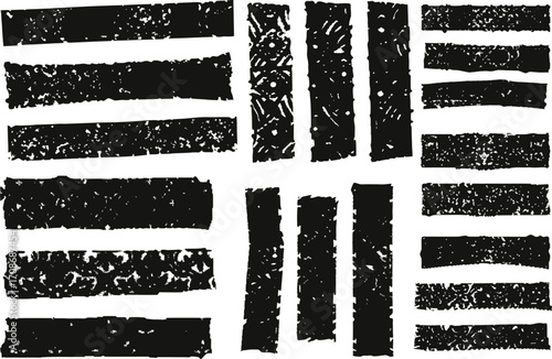 Straight vector line brush strokes set for creative design. Chinese or Japanese calligraphy brushstrokes set. Rough grunge thick paint line texture. Vector sketch rectangle text boxes