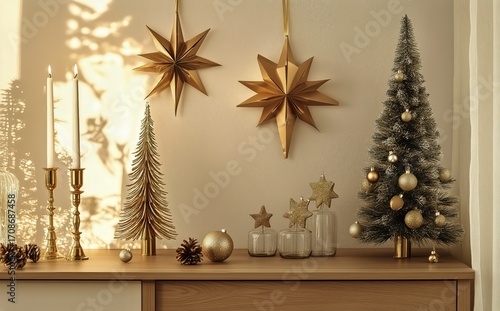 Warm and Cozy Holiday Decorations With a Small Tree and Elegant Candlelight i...