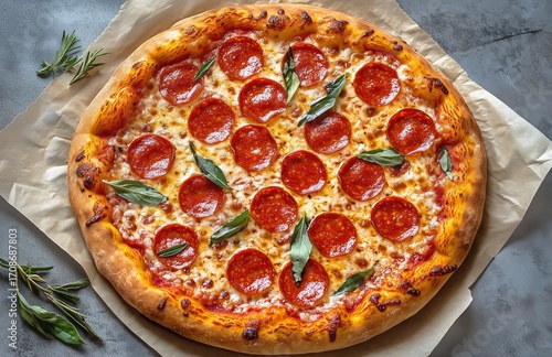Pepperoni Pizza With Fresh Basil on a Wooden Table at a Cozy Restaurant