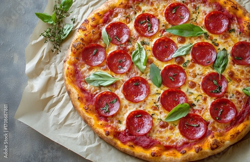 Freshly Baked Pepperoni Pizza With Basil on a Rustic Table Setting.