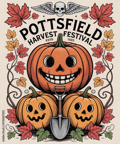 Pottsfield harvest festival poster with pumpkins and autumn leaves