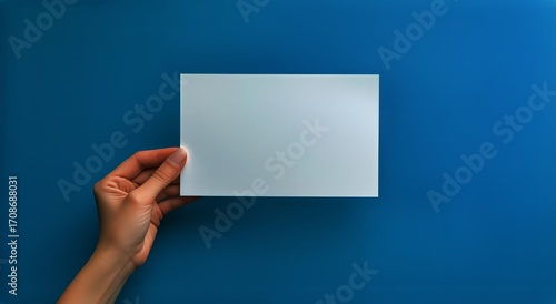 Hand Holding Blank Paper Over a Vibrant Blue Surface in a Creative Workspace