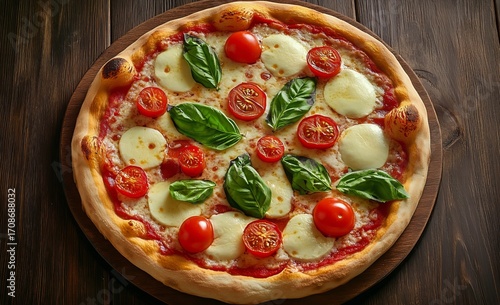 Freshly Baked Pizza With Tomatoes and Basil on a Wooden Serving Board
