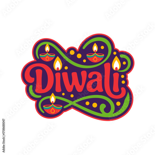 Diwali sticker logo, bubble letters with drops, layered outline style, colorful festival badge, youthful vibe, cheerful celebration vector