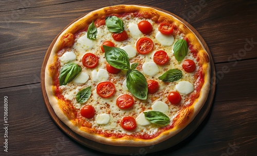 Freshly Baked Pizza With Tomatoes and Basil on a Wooden Serving Board.