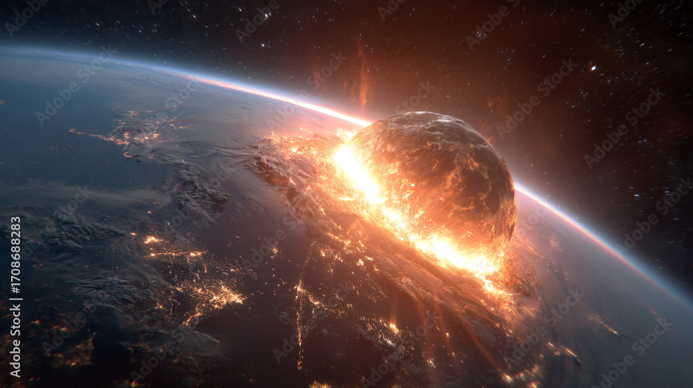 Obraz premium Explosive asteroid impact on Earth captured from space perspective with glowing landscapes in the backdrop Generative AI