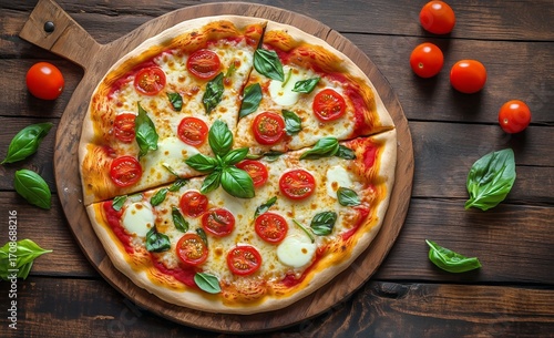 Freshly Baked Margherita Pizza With Tomatoes and Basil on Wooden Table.