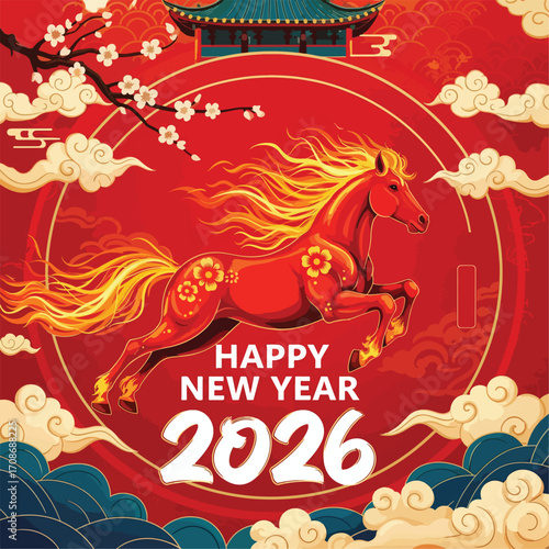 Illustration of Happy New Year 2026 of fire Horse card, poster in chine style