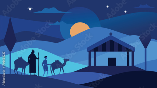 Three Wise Men Journey to Bethlehem on Camels Under the Starry Night Sky