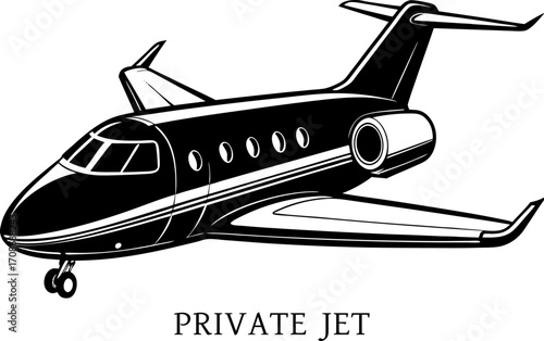 A private jet with sleek design, realistic detail on white background