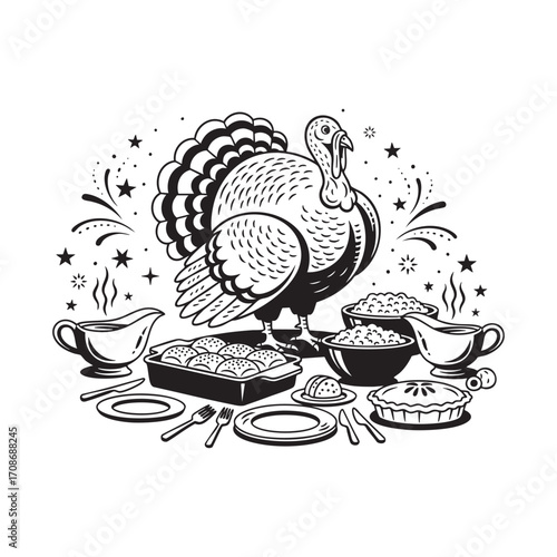 Thanksgiving Dinner Feast with Turkey and Festive Decor