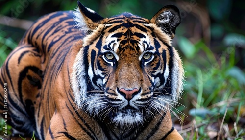 Bengal tiger stares, portrait. Stripes, amber eyes, lush green background, close-up