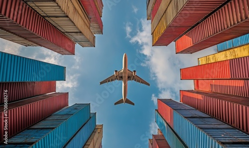 Cargo Containers Under an Airplane in a Busy Port Area During Daytime.