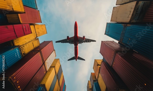 Cargo Containers Under an Airplane in a Busy Port Area During Daytime