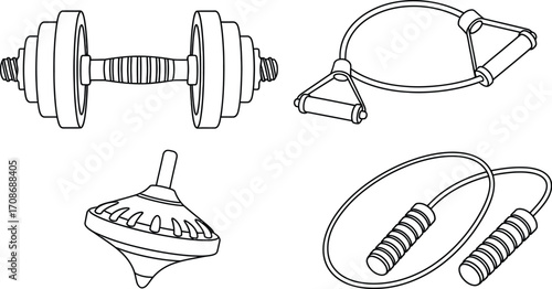 Fitness equipment dumbbell jump rope and more items editable vector