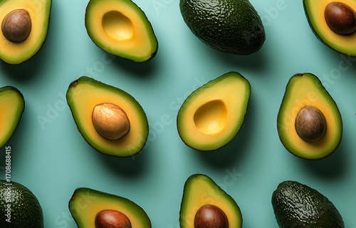 Freshly Sliced Avocados Arranged Neatly on a Blue Background.
