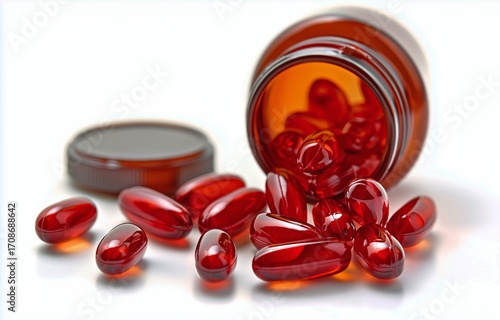 Bright Red Capsules Spill From an Open Bottle on a Clean Surface.