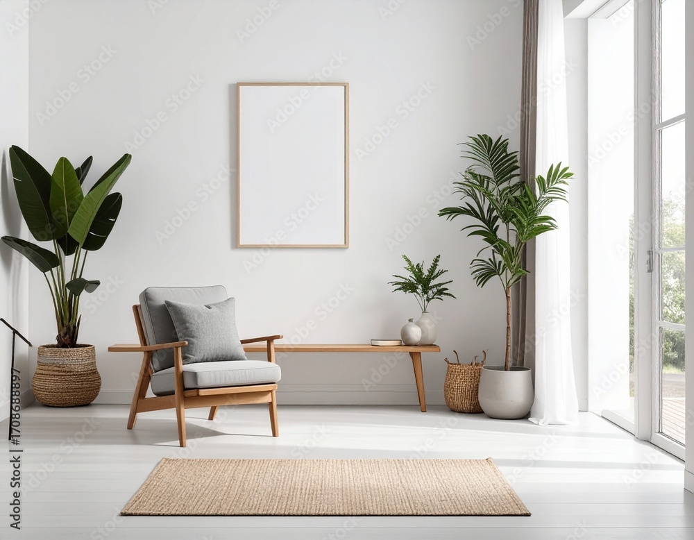 Fototapeta premium Minimalist Living Room Interior with Mockup Frame.