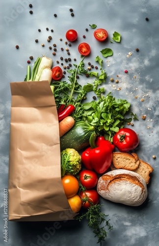 Fresh Vegetables and Bread Spill From a Paper Bag on a Gray Surface During Da...