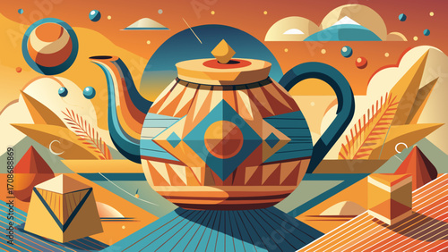 Traditional clay teapot floating among abstract geometric shapes, uniting cultural heritage with modern design flair.