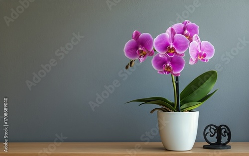 Bright Purple Orchid in a White Pot on a Wooden Surface Against a Gray Wall