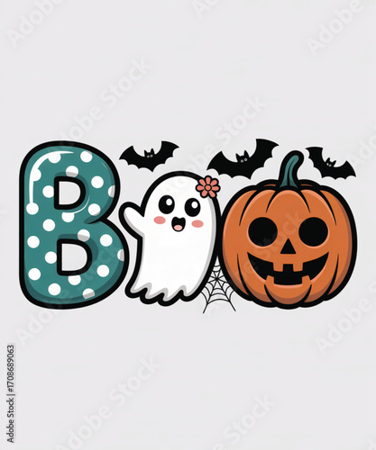 Cute boo text with ghost, pumpkin, bats, and spider web