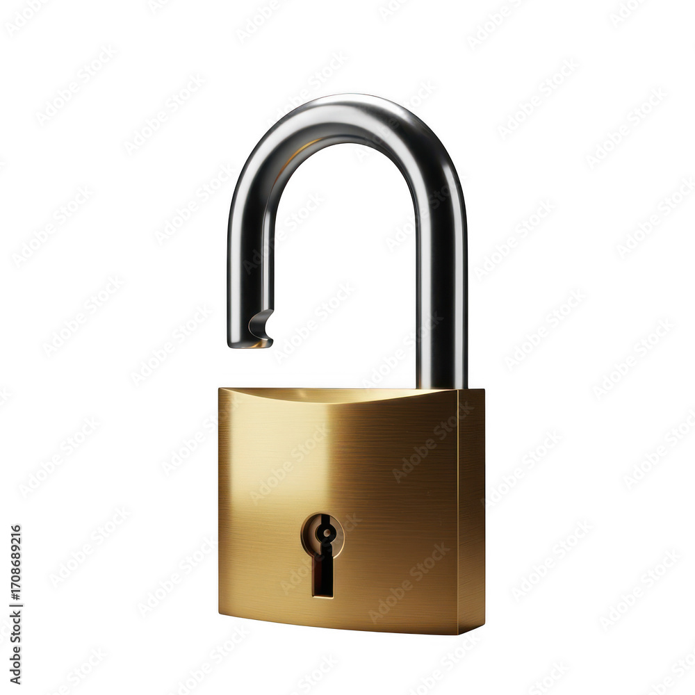 Naklejka premium Open brass padlock isolated on transparent background