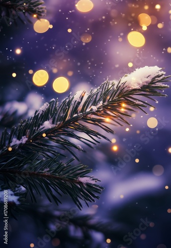 Snow-covered Pine Branch With Golden Lights Glowing in a Winter Wonderland at...