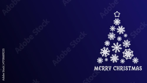 A Christmas tree made of white rotating snowflakes with a star at the top, on a dark blue background and the text Merry Christmas.