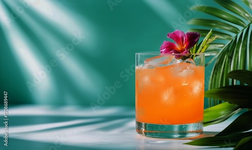 Bright Tropical Cocktail With Ice and Flowers on a Green Background Setting