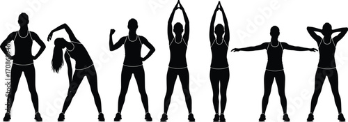 Fitness workout routine stretching exercise silhouette editable vector