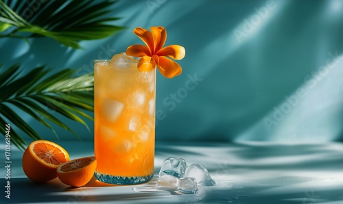 Bright Tropical Cocktail With Ice and Flowers on a Green Background Setting.